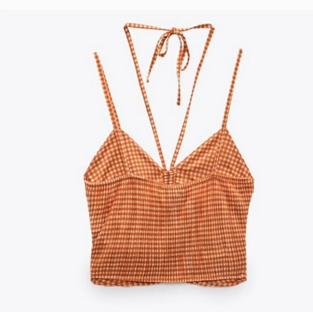 New ZARA Gingham Plaid Checked Cropped Halter Top Ruched Burnt Orange Medium - Picture 3 of 12